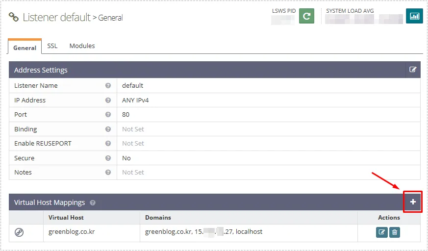 OpenLiteSpeed HTTP listener showing Virtual Host Mapping configuration