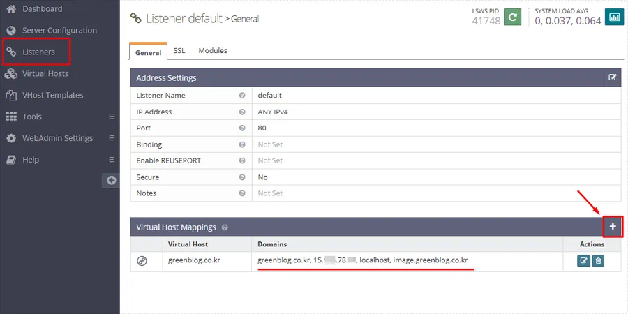 OpenLiteSpeed listener settings showing Virtual Host Mapping entries