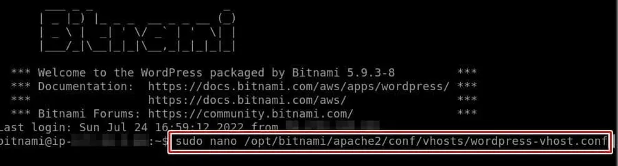 Nano command used to edit the Bitnami WordPress virtual host configuration