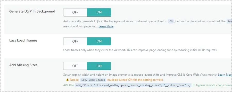 LiteSpeed Cache Media Settings에서 Generate LQIP In Background, Lazy Load Iframes, Add Missing Sizes가 활성화된 화면