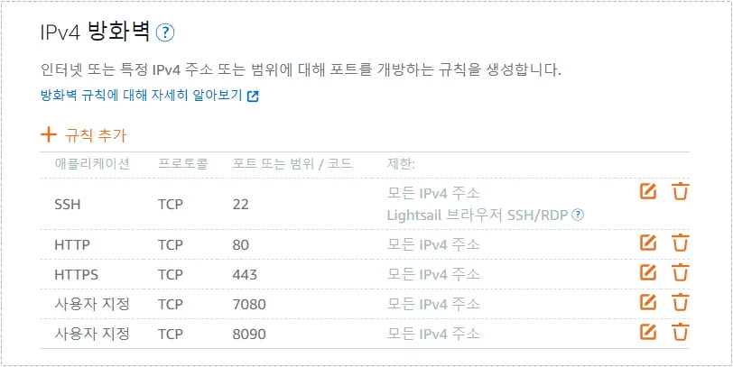 AWS Lightsail에서 8090 포트를 개방한 방화벽 설정