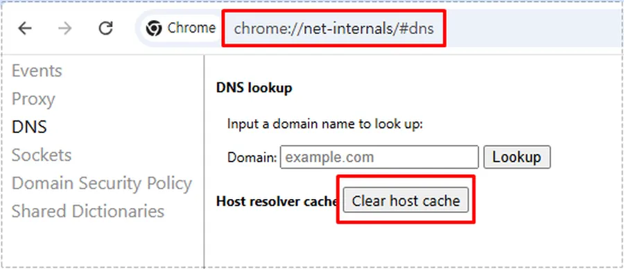 Chrome net internals DNS 메뉴에서 Clear host cache 버튼을 실행하는 화면