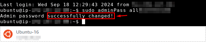 adminPass 명령 실행 후 successfully changed 문구가 표시된 SSH 화면