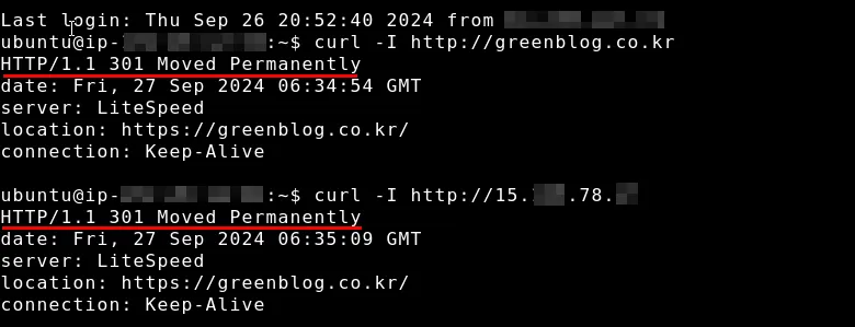 Terminal output showing HTTP 301 redirect response from OpenLiteSpeed