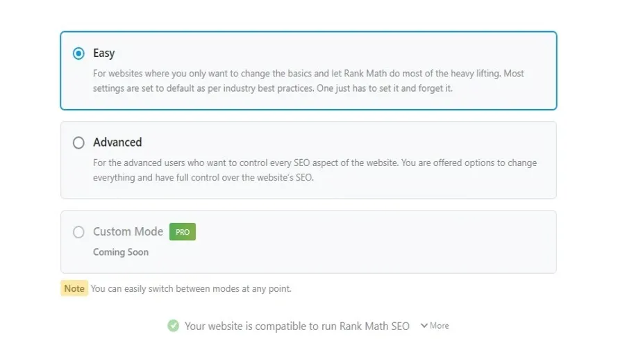 Rank Math 설치 과정에서 Easy 모드를 선택하는 워드프레스 설정 화면