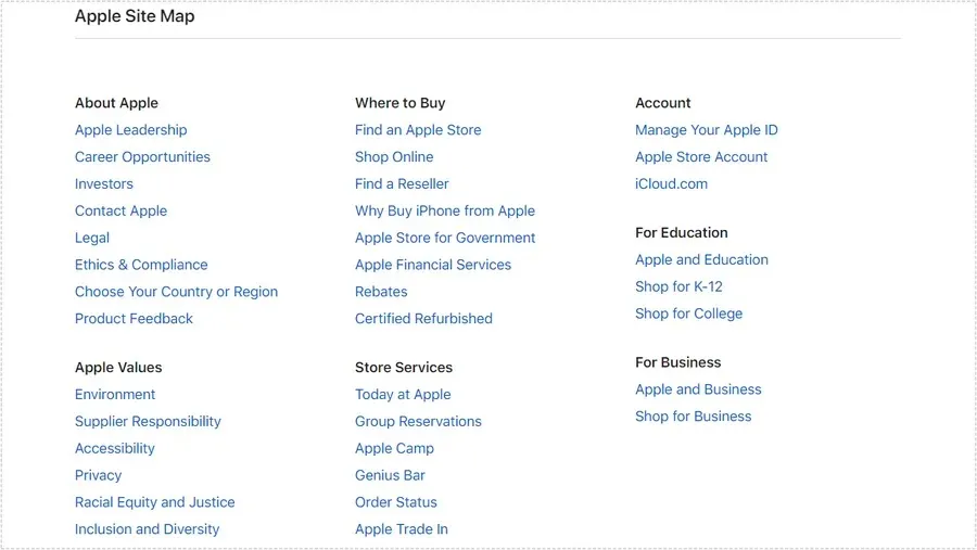Apple 웹사이트 하단에 정리된 HTML Sitemap 구조