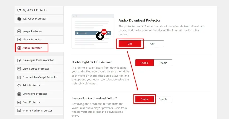 WPShield Content Protector audio protection settings inside WordPress
