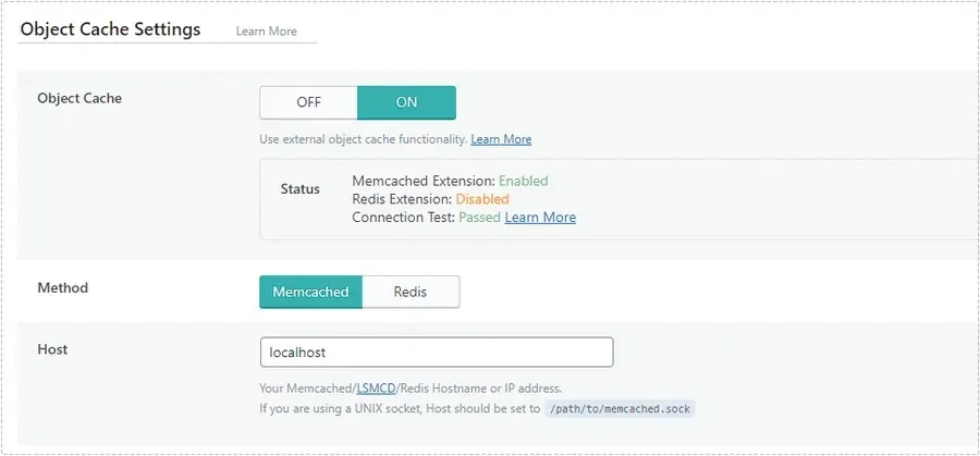 LiteSpeed Cache Object Cache에서 Memcached 방식과 Connection Test Passed 상태를 확인하는 화면