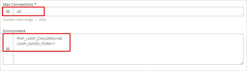 Max Connections and PHP LSAPI environment variables configured for dynamic expansion