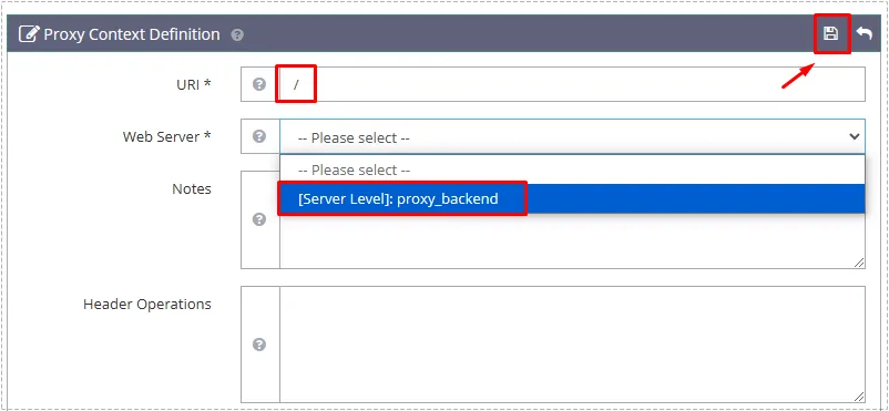 OpenLiteSpeed Proxy Context Definition에서 proxy_backend를 연결한 화면