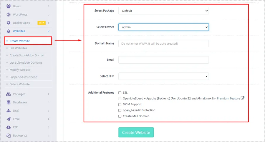CyberPanel create website page showing domain and PHP configuration options