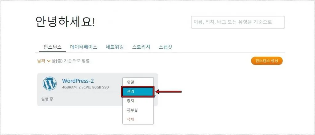 라이트세일 인스턴스 목록에서 워드프레스 인스턴스 관리 메뉴를 선택하는 화면