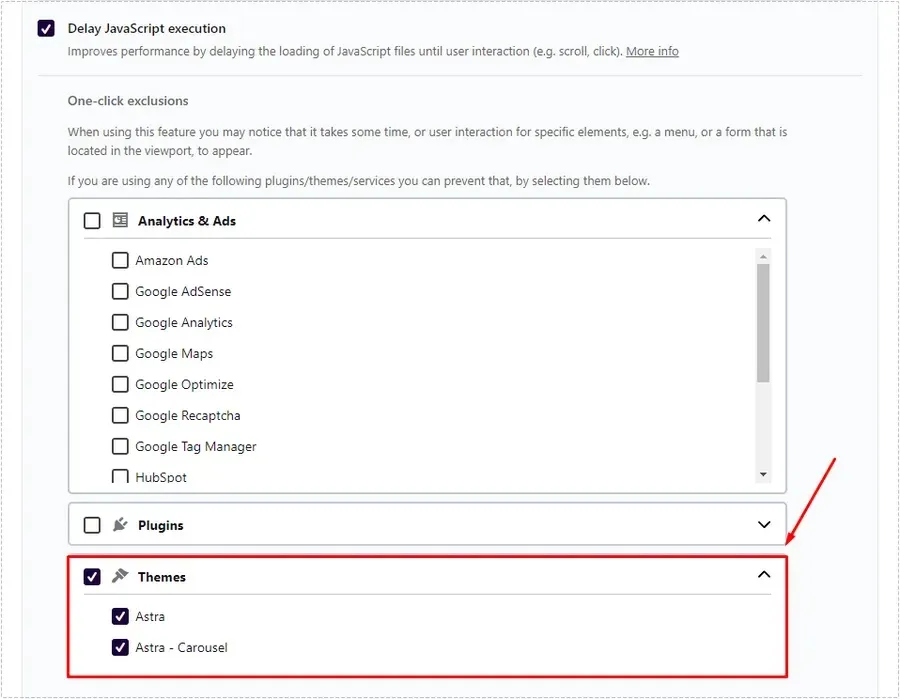 WP Rocket Delay JavaScript execution 설정에서 Astra 테마를 제외 처리하는 화면