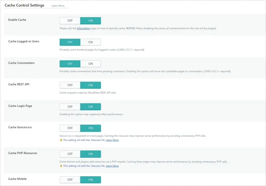 LiteSpeed Cache에서 Enable Cache와 REST API 캐시, 로그인 페이지 캐시가 설정된 화면