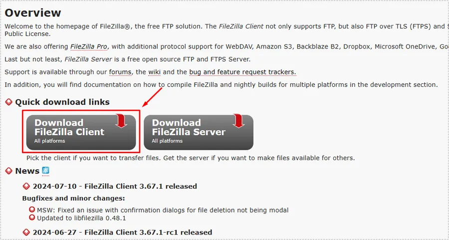 FileZilla 공식 사이트에서 FileZilla Client 다운로드 버튼을 선택하는 화면