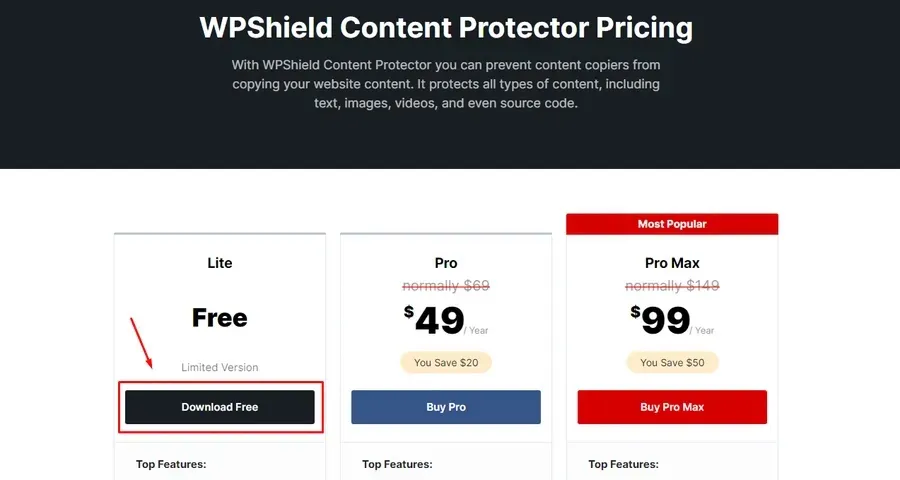 WPShield Content Protector pricing and download options