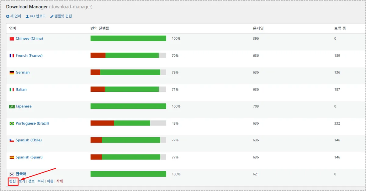 Korean language file selected inside the Loco Translate translation dashboard