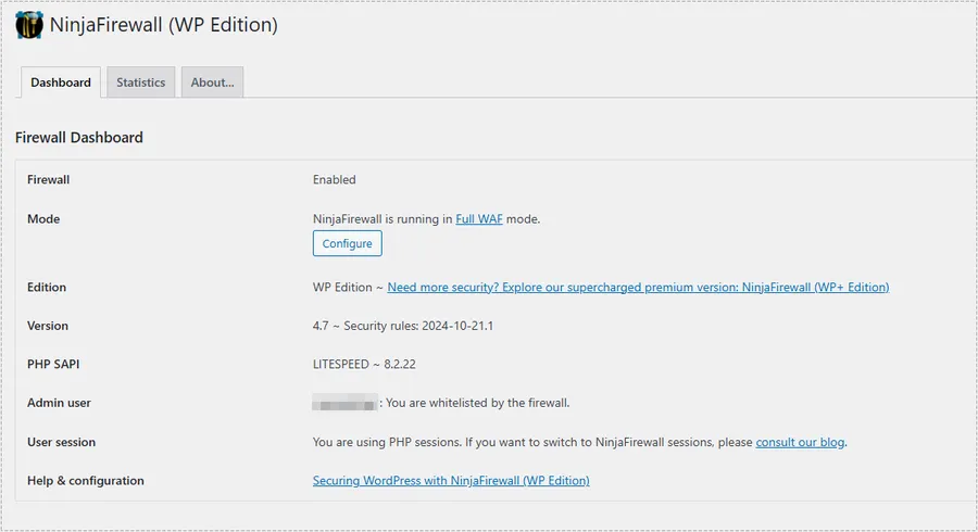 NinjaFirewall 대시보드에서 PHP INI 관련 경고가 제거된 모습