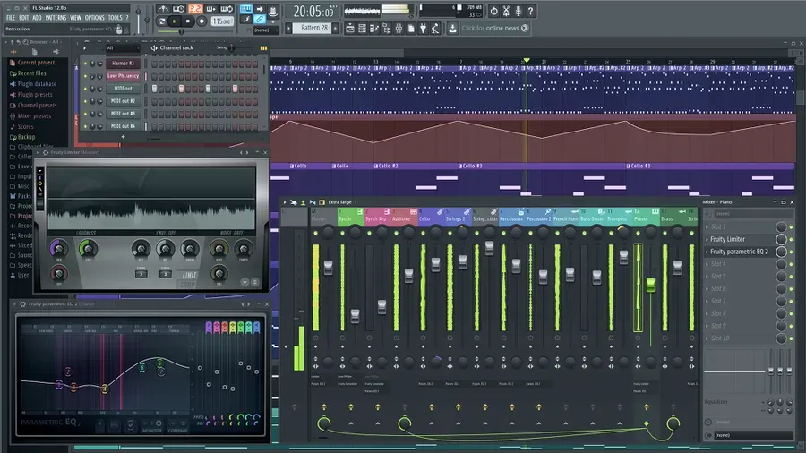 음악 만드는 프로그램 FL Studio에서 비트와 멜로디를 편집하는 화면