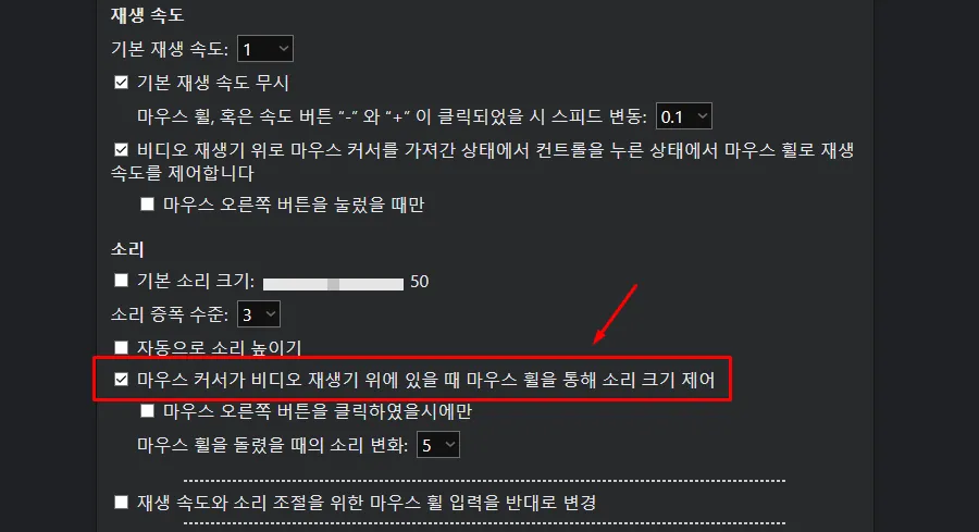 Enhancer for YouTube 소리 설정에서 플레이어 위 마우스 휠 볼륨 조절 기능을 활성화하는 화면