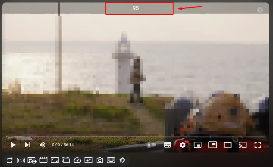 유튜브 영상 위에서 마우스 휠로 볼륨을 95까지 조절한 모습