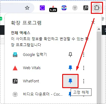 크롬 확장 프로그램 메뉴에서 WhatFont 아이콘을 고정하는 과정